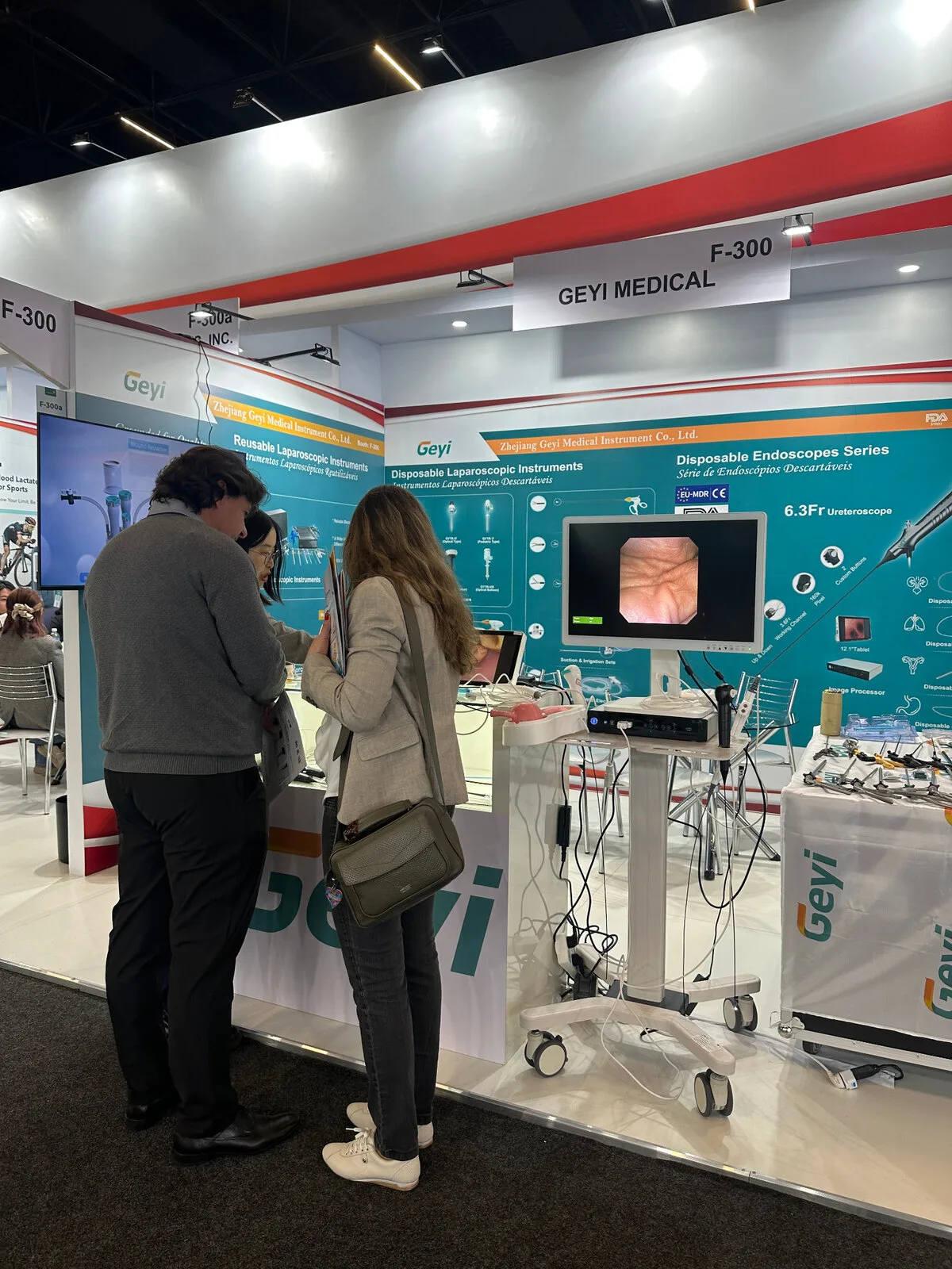 Visitors exploring Geyi Medical endoscopy solutions at Hospitalar 2026