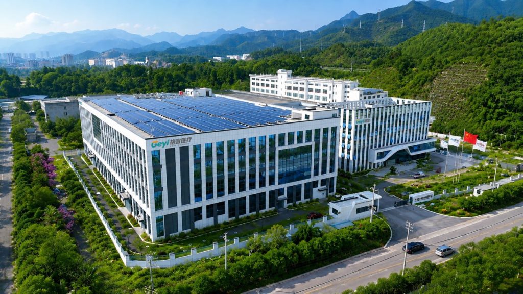 Aerial view of the Geyi Medical manufacturing campus with solar panels on the roof, surrounded by green hills