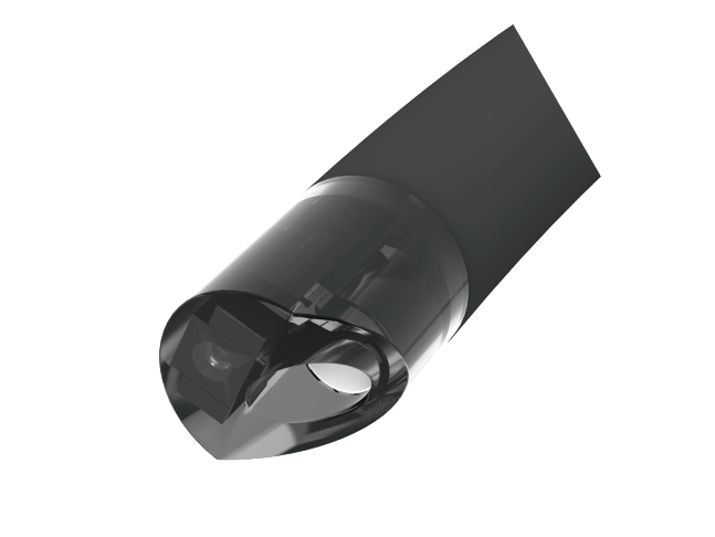 Close-up of the distal tip of a single-use endoscope showing the camera lens and light guides