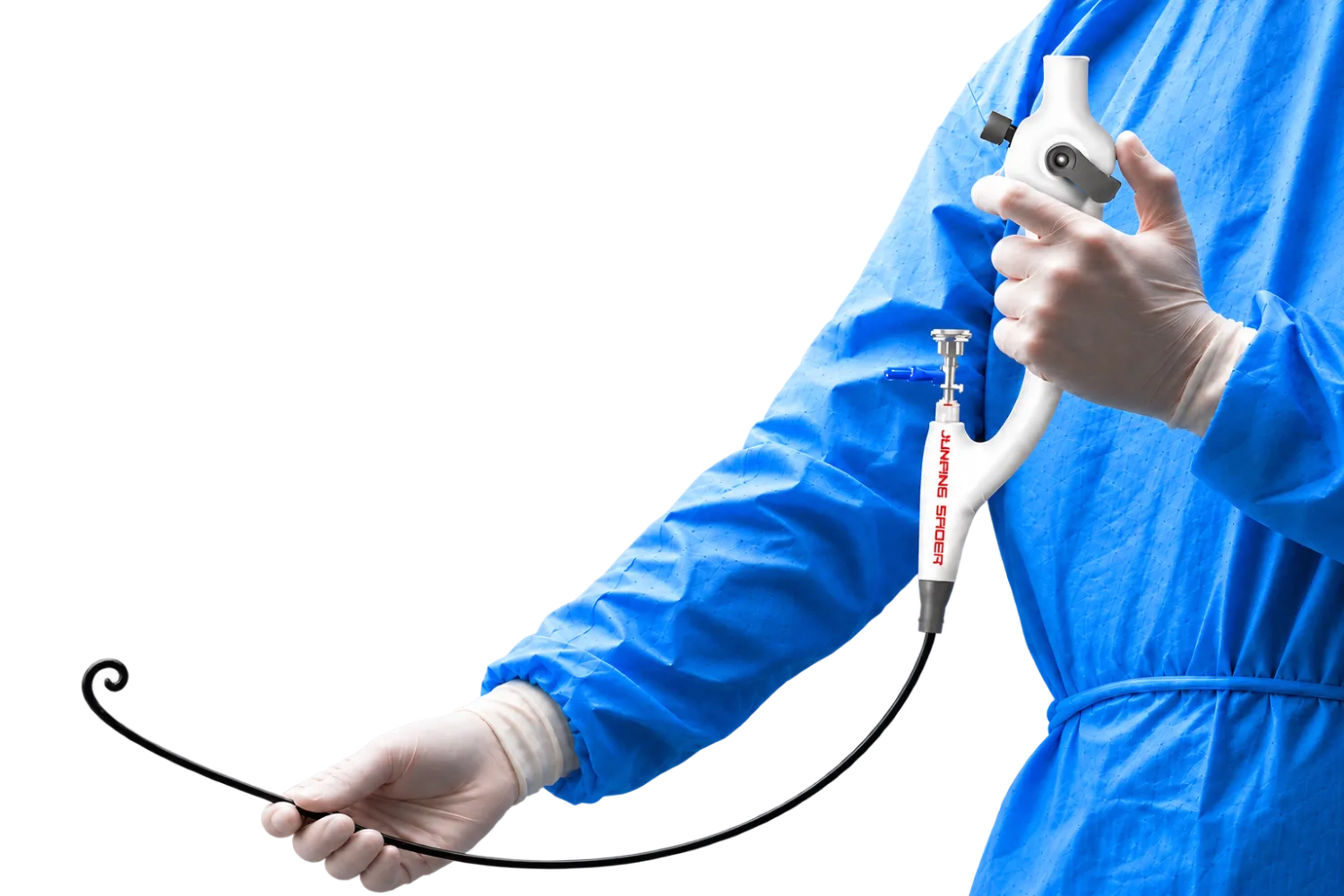 Clinician holding a single-use flexible endoscope